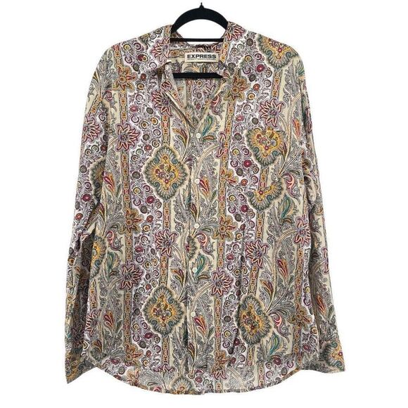 Express Precision Fit Men’s Multicolor Paisley Collared Button Front Shirt Large - Picture 1 of 12